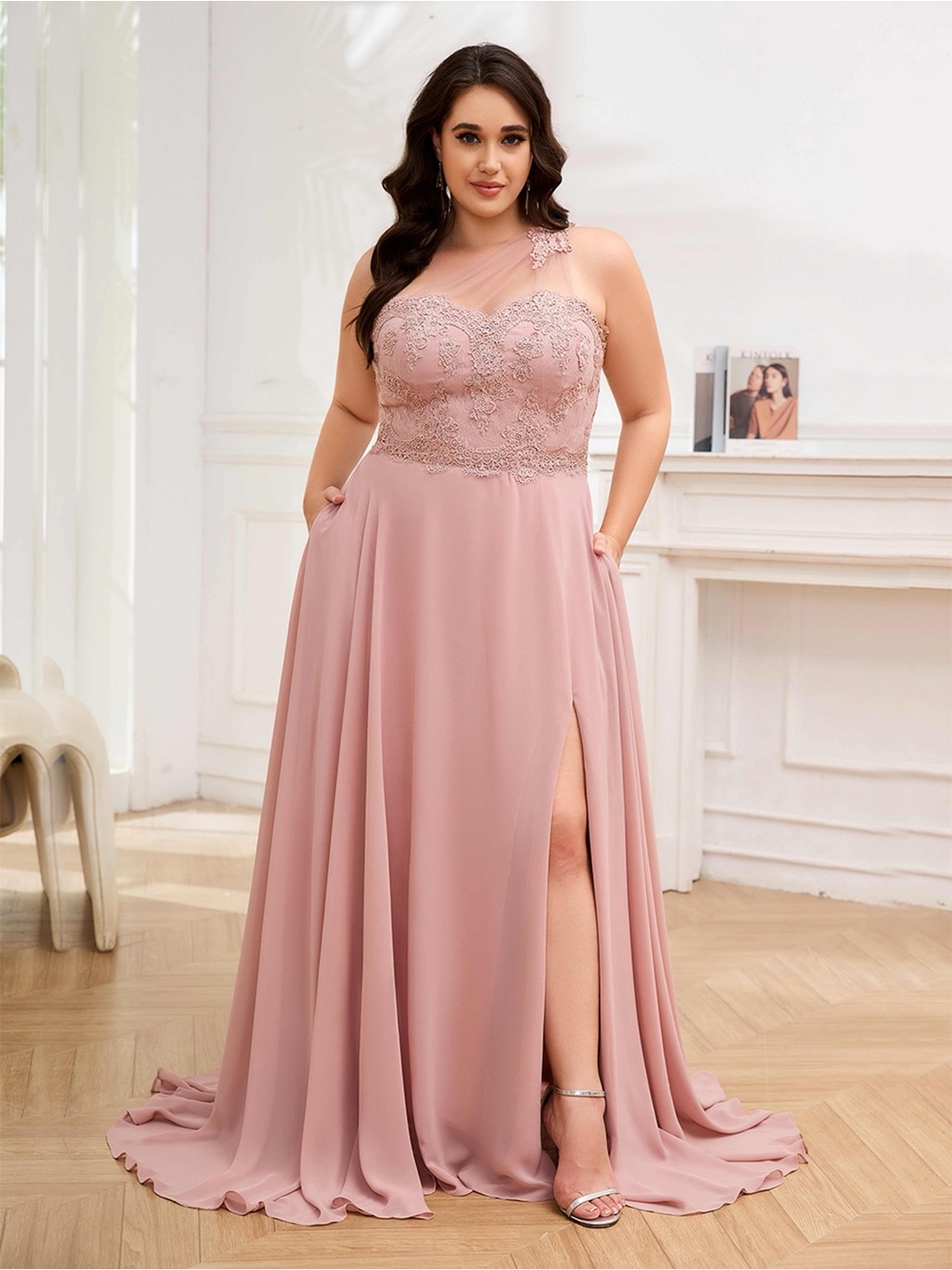 Plus Size Dusty Rose Lace Bodice Prom Gown